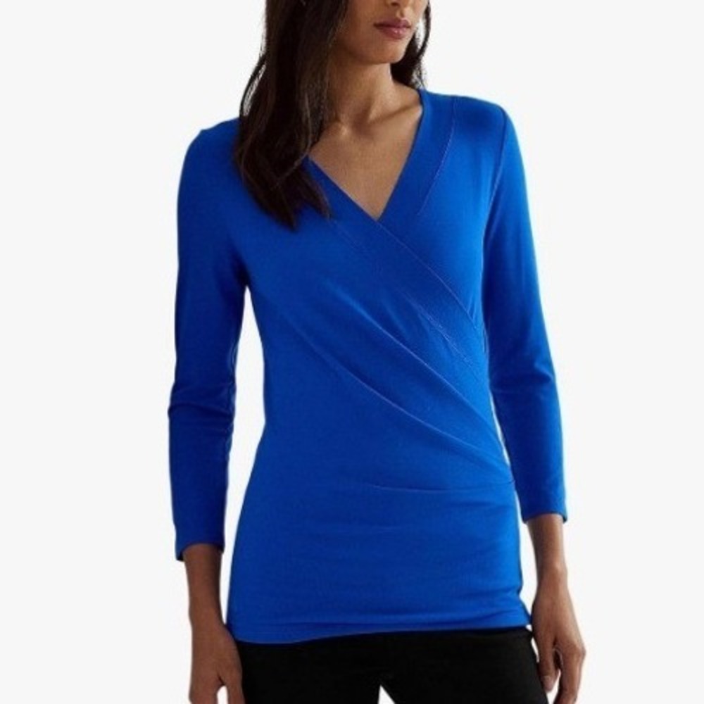 Lauren Ralph Lauren Black Label Cobalt Blue Ruched Surplice Jersey V-Neck Top L